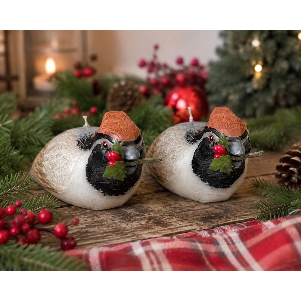 Vintage Pair Bobwhite Quail Bird Candles Holly Berries Christmas Rustic Woodland